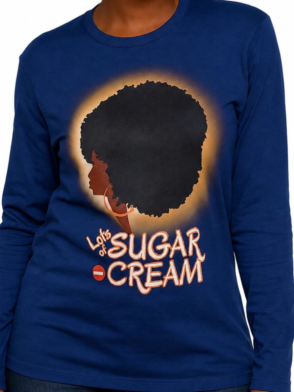 Womens Blue Afro Graphic Long Sleeve T-Shirt Retro Natural Hair Statement Top